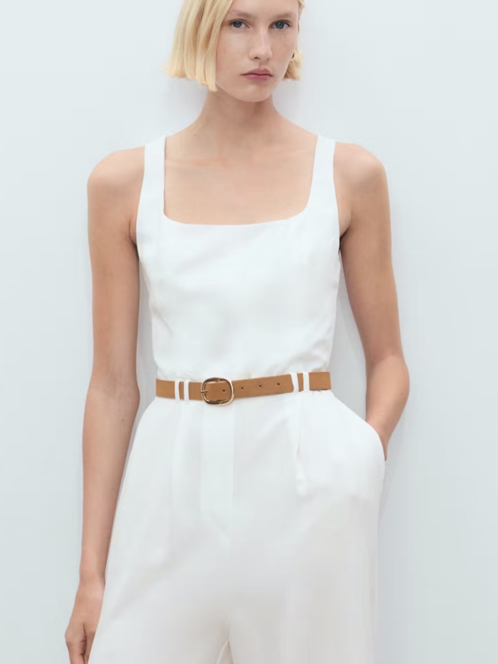 Mango Off-White Sleeveless Lyocell Jumpsuit with Tan Belt - Picture 2 of 10